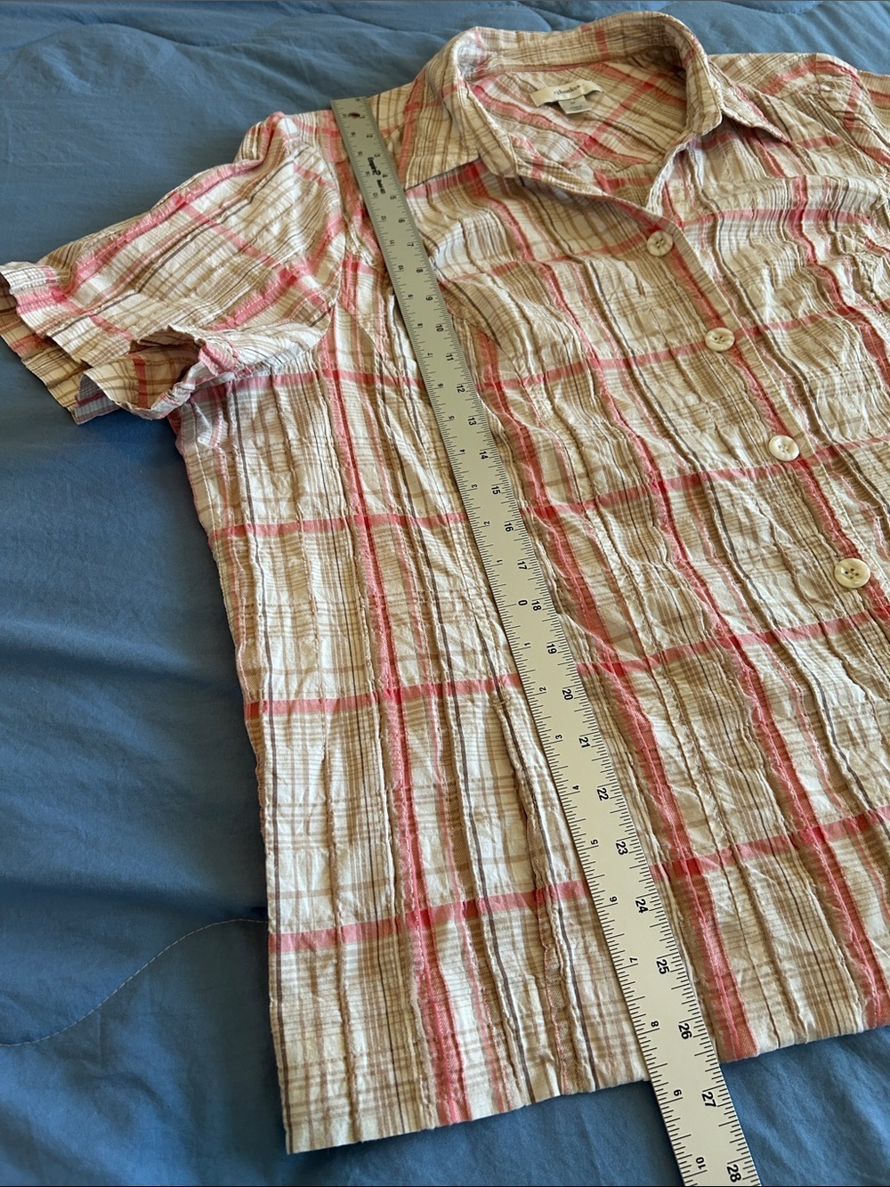 CJ Banks Lightweight Plaid Button-Up Shirt in Cream & Pink 3X - Picture 9 of 11